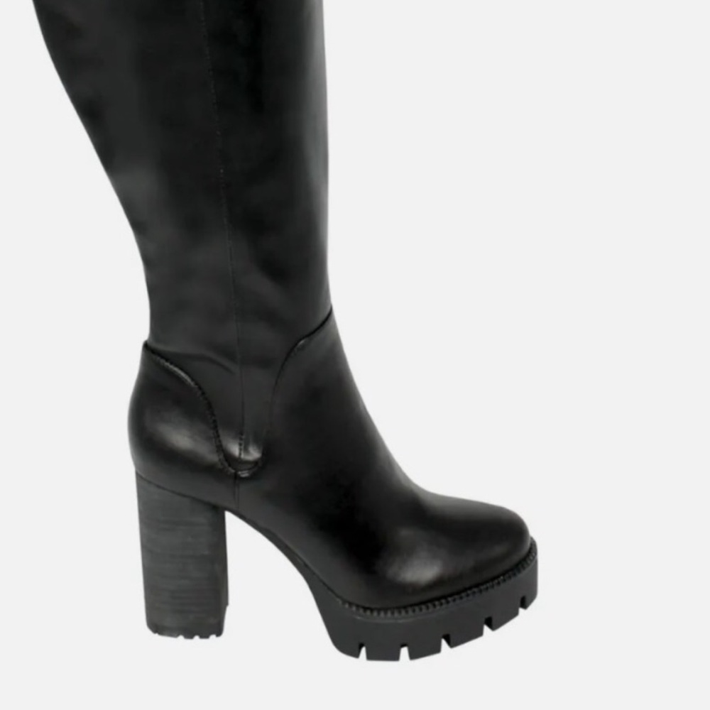 CHARLES DAVID Over the Knee Faux-Leather Black Platform Lug Sole Boots Size 6.5 - Picture 5 of 5